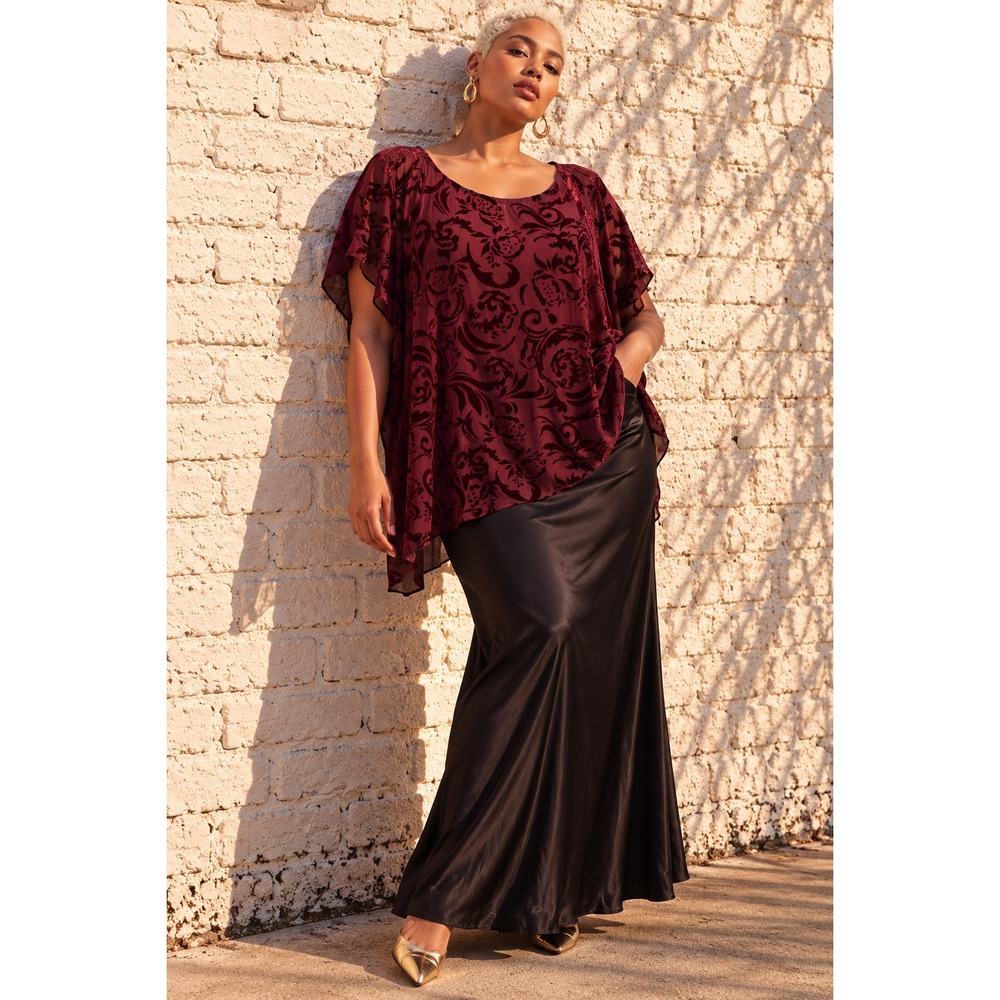 Lane Bryant Burgundy Velvet Burnout Chiffon Back Cape Blouse Floral Boho 18/20